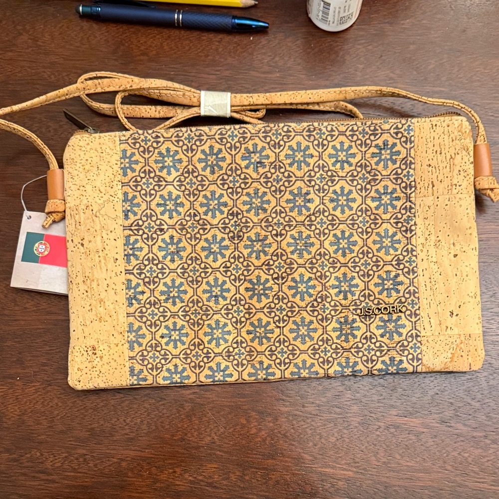 Crossbody Cork Tan and Blue Patterned Women's Bag